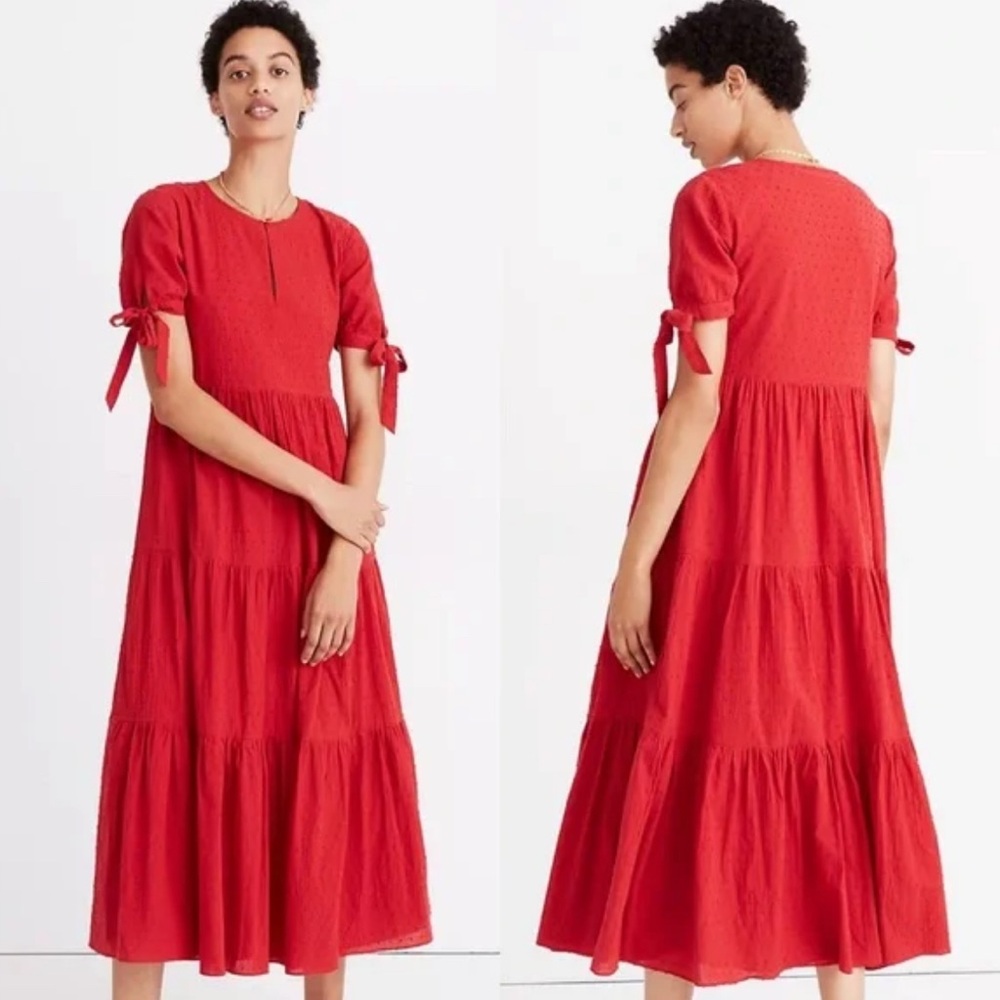 Madewell Tie Sleeve Tiered Midi Dress Swiss Dot Red Size M